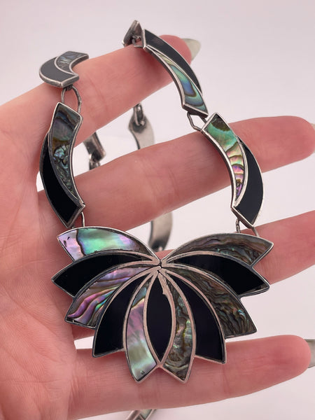 sterling silver Mexican onyx & abalone necklace **AS IS**