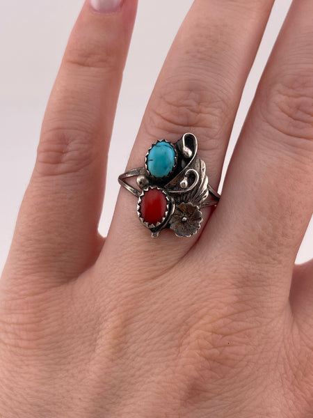 size 8.25 sterling silver turquoise & coral ring