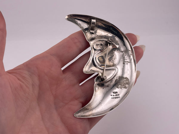 sterling silver 3-3/8" pressed Mexican black resin crescent man in the moon pendant brooch