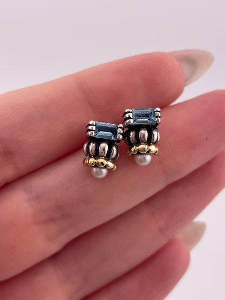 sterling silver & 18k gold Lagos Caviar Glacier pearl & blue topaz post earrings