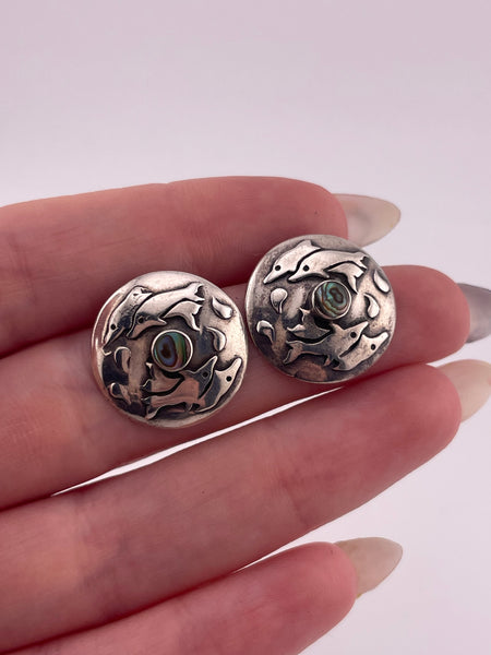 sterling silver dolphin abalone post earrings