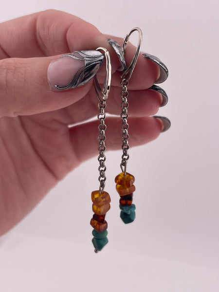 sterling silver turquoise synthetic amber chain hook dangle earrings