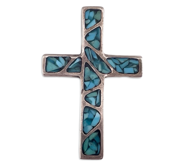sterling silver crushed turquoise cross pendant