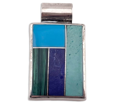 sterling silver chunky multi-stone inlay rectangle pendant **AS IS**
