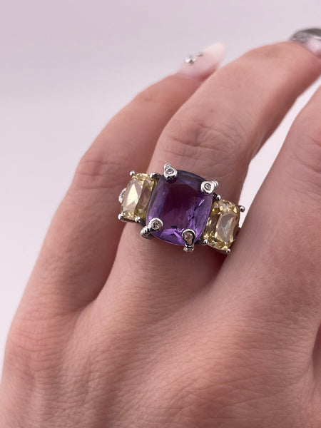 size 7 sterling silver Judith Ripka rhodium plated amethyst lab diamond yellow stone ring