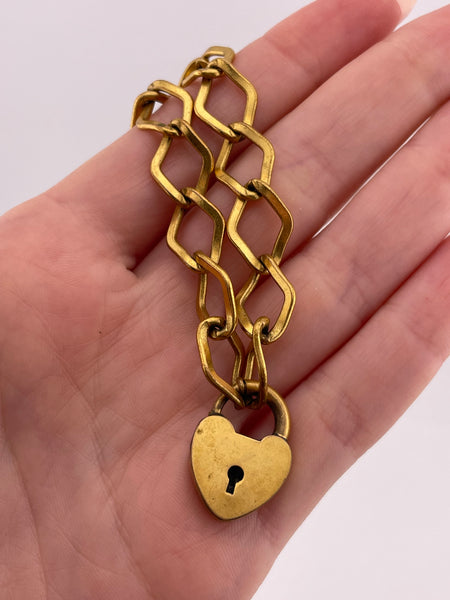 gold filled heart padlock heart chain link bracelet w/ engraved initials