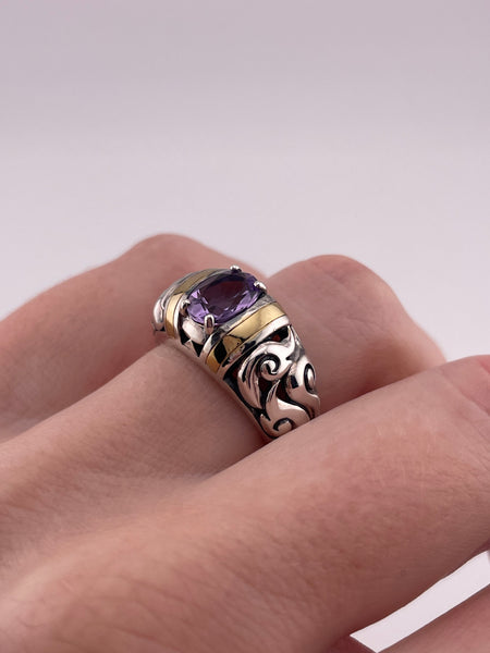 size 6.5 sterling silver & gold faceted amethyst scroll ring