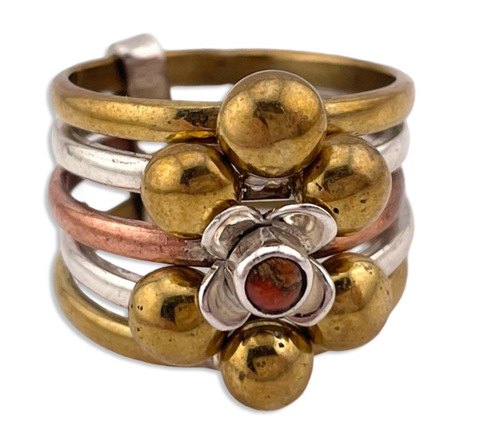 size 6.75 sterling silver, brass, & copper flower synthetic orange stone harem ring