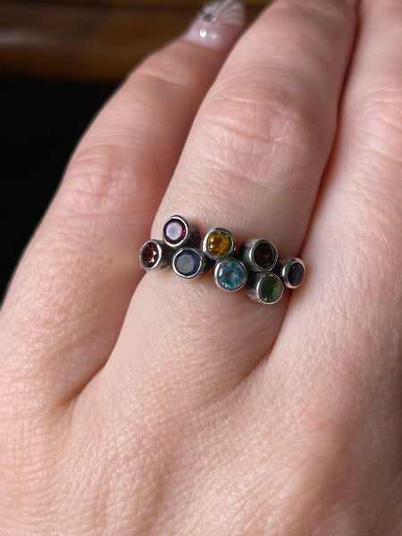 size 6.5 sterling silver faceted multi-gemstone ring