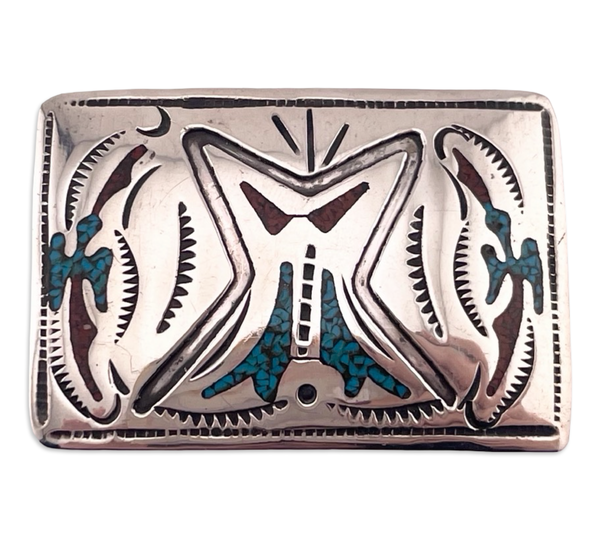 sterling silver crushed turquoise coral peyote bird belt buckle