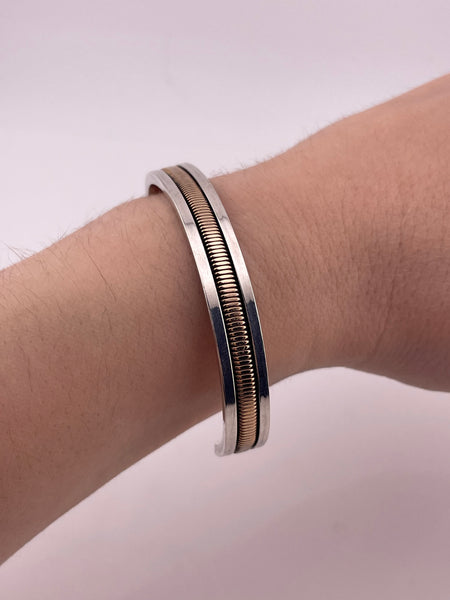 sterling silver & gold filled artist signed Navajo Tahe cuff bracelet