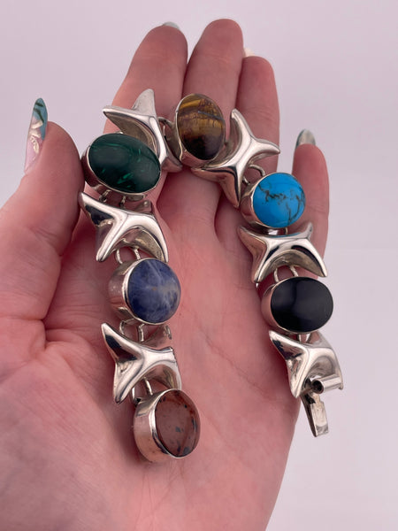 sterling silver 7 1/4" Mexican heavy mutli-stone link bracelet