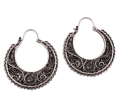 NOT STERLING - silver toned ornate flat hoop earrings