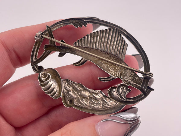 sterling silver pressed sailfish border brooch pin
