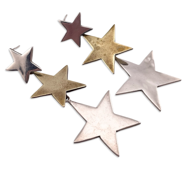 sterling silver & brass 2-1/2" star dangle earrings