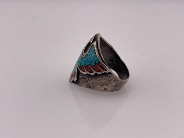 size 8.5 sterling silver crushed turquoise & coral bird ring