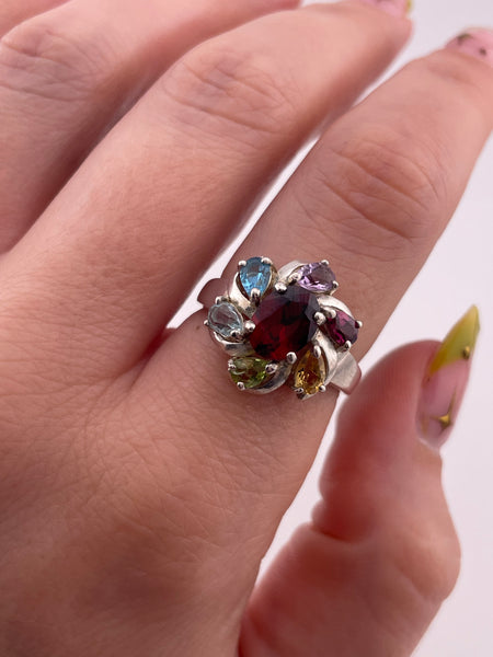 size 8 sterling silver faceted multi-gemstone ring