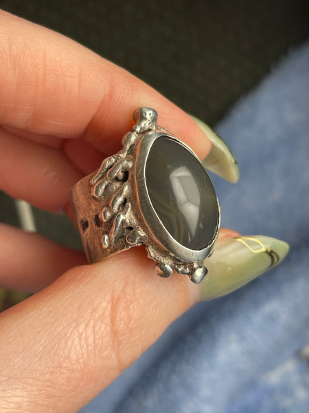 size 7.75 sterling silver dark agate brutalist artisan ring