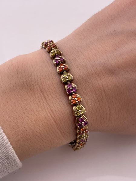sterling silver gold plated 7 1/4" faceted multi-gemstone link bracelet