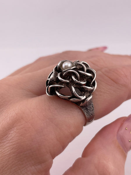 size 7.75 sterling silver brutalist abstract pearl ring