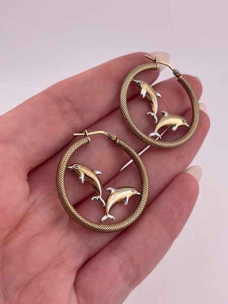 gold plated sterling silver dolphin 1 1/8" hoop earrings **AS IS**
