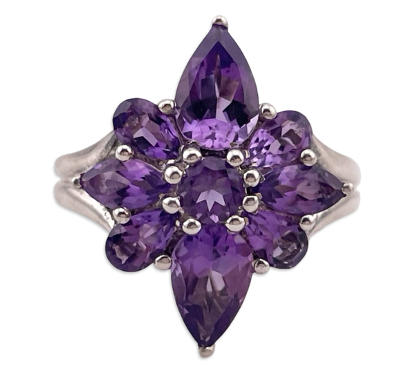 size 6 sterling silver faceted amethyst cluster ring