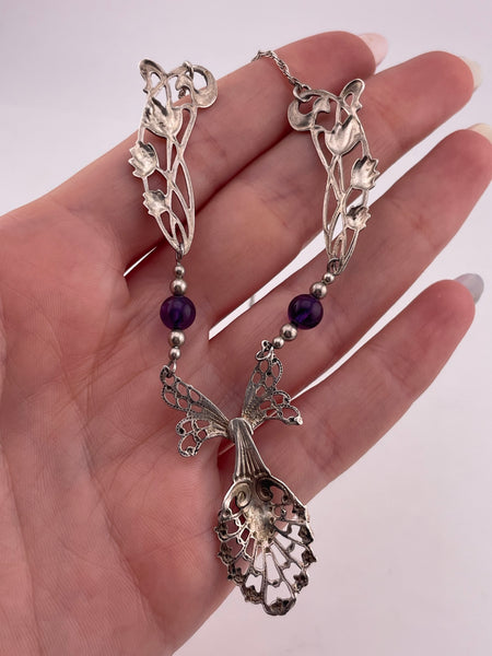 sterling silver 20" floral amethyst bead necklace