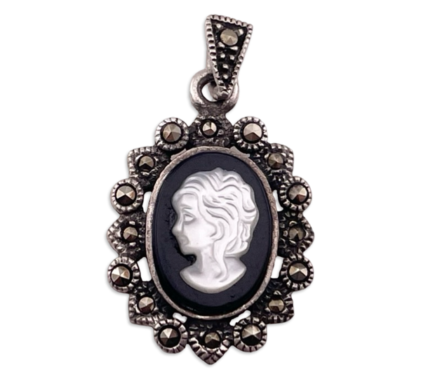 sterling silver onyx faux shell cameo marcasite pendant