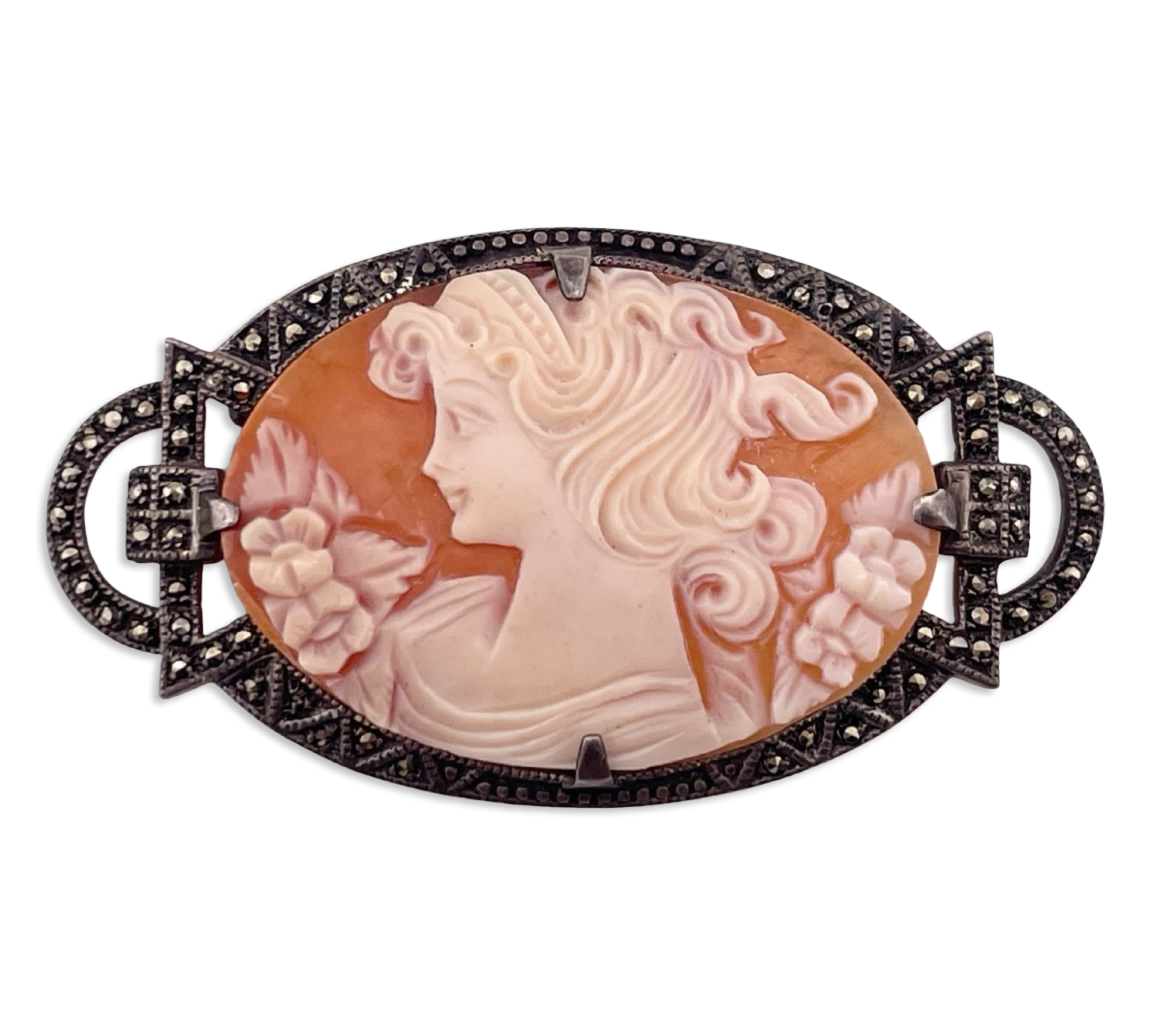 sterling silver carved shell cameo marcasite brooch