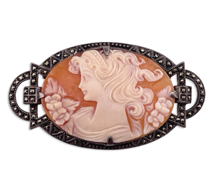 sterling silver carved shell cameo marcasite brooch