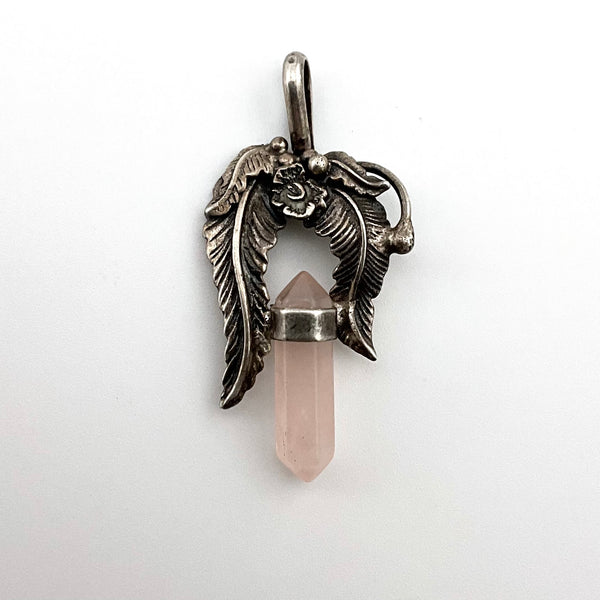 sterling silver rose quartz leaf pendant