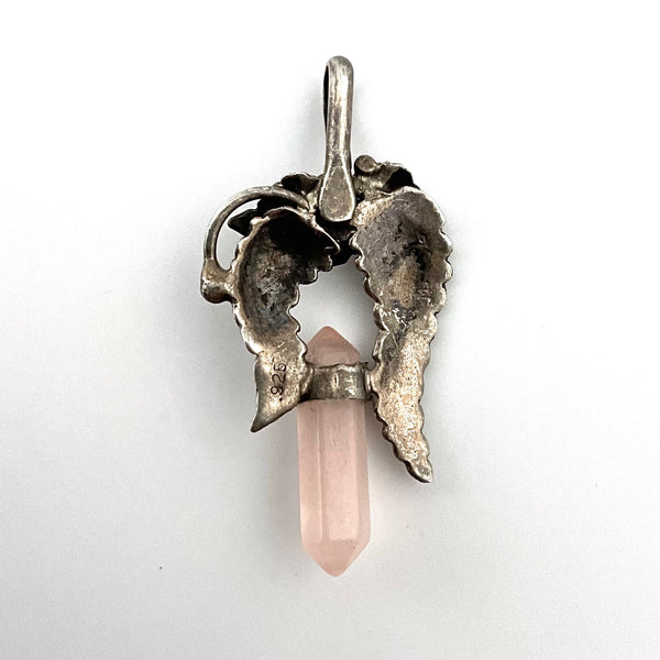 sterling silver rose quartz leaf pendant