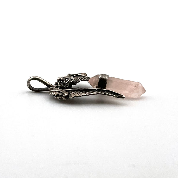 sterling silver rose quartz leaf pendant