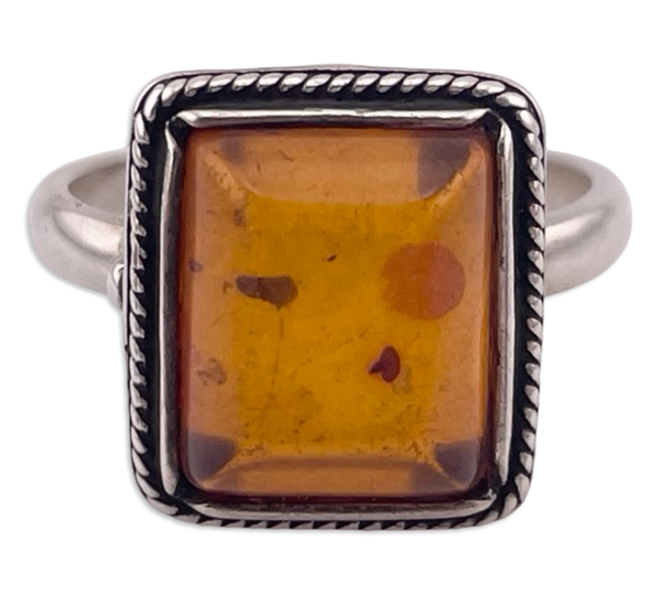 size 8.5 sterling silver rectangle shaped amber rope border ring ***AS IS***