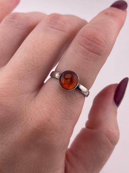 size 7.75 sterling silver round amber ring