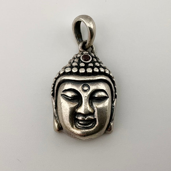 sterling silver Buddha head with faceted red glass pendant