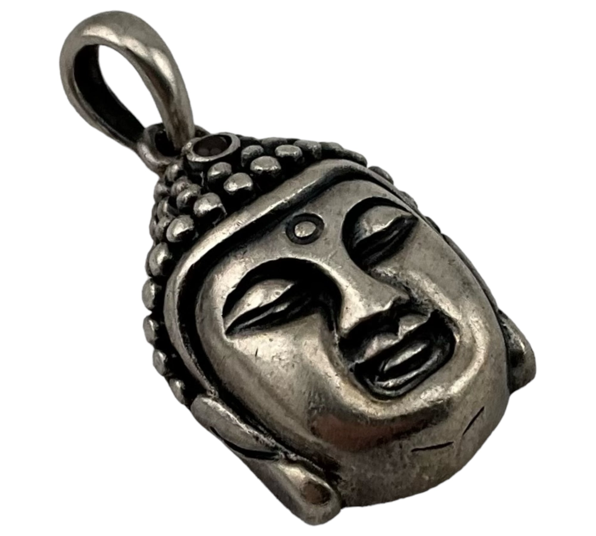 sterling silver Buddha head with faceted red glass pendant