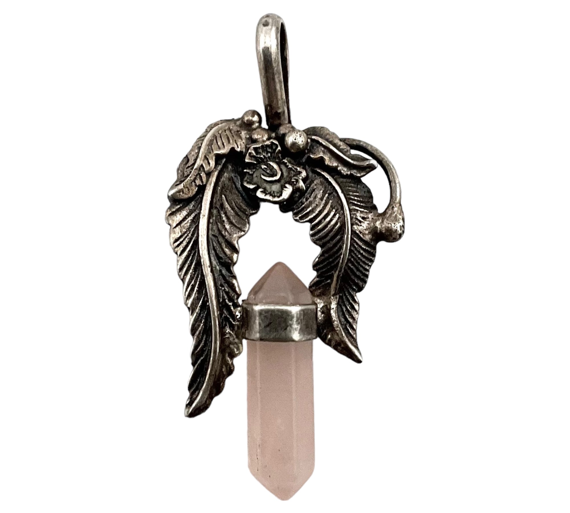 sterling silver rose quartz leaf pendant
