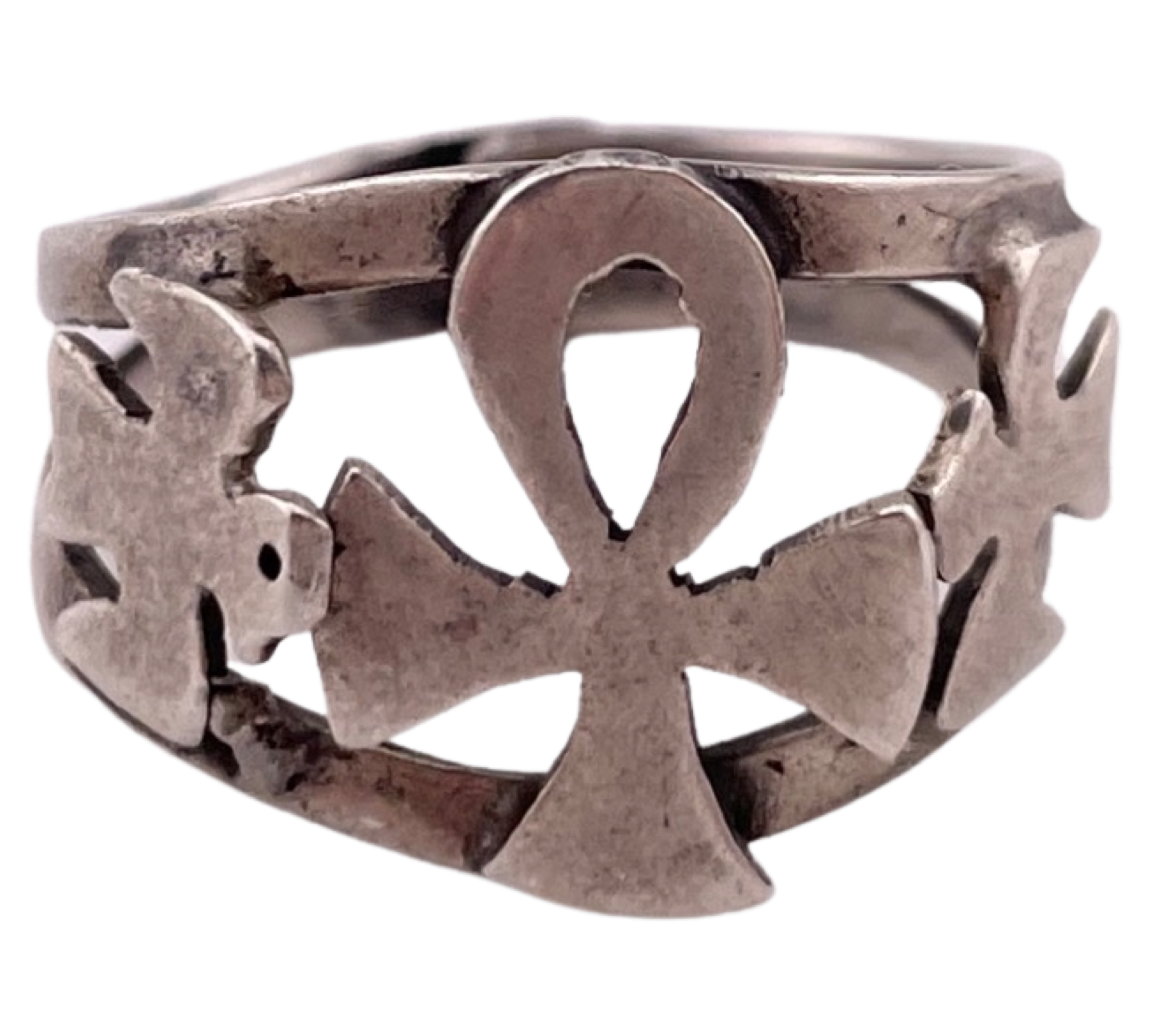 size 7.25 adjustable band sterling silver ankh cross & bird ring **AS IS**