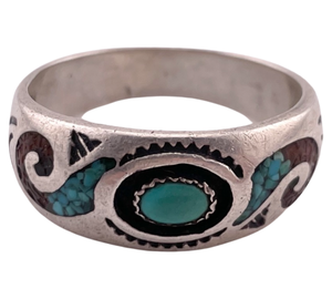 size 13 sterling silver Roie Jaque artist signed crushed turquoise, crushed coral, & turquoise shadowbox ring