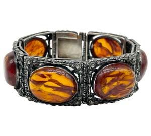 sterling silver heavy chunky amber panel link bracelet **AS IS**