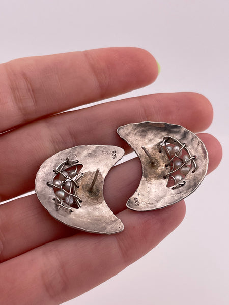 sterling silver synthetic pearl moon post earrings