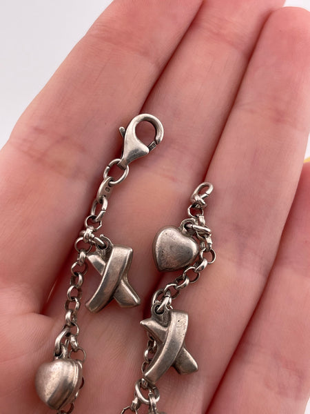 sterling silver X & hearts charm rolo chain link bracelet