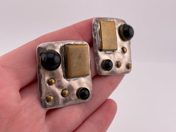 sterling silver and brass Louis Booth onyx artisan post earrings
