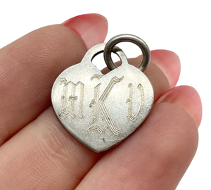 sterling silver engraved 'MKV' initials heart pendant