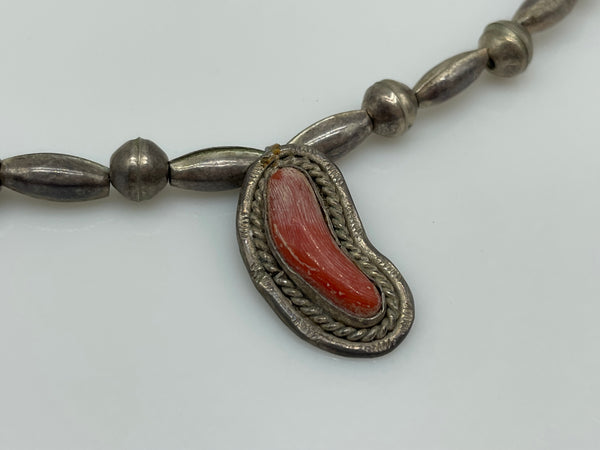 sterling silver 16" coral pendant bench bead necklace **AS IS**