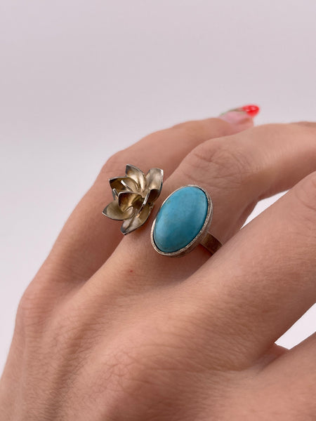 size 7.75 sterling silver synthetic turquoise flower ring