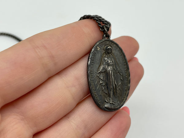 sterling silver dark patina religious Mary pendant necklace