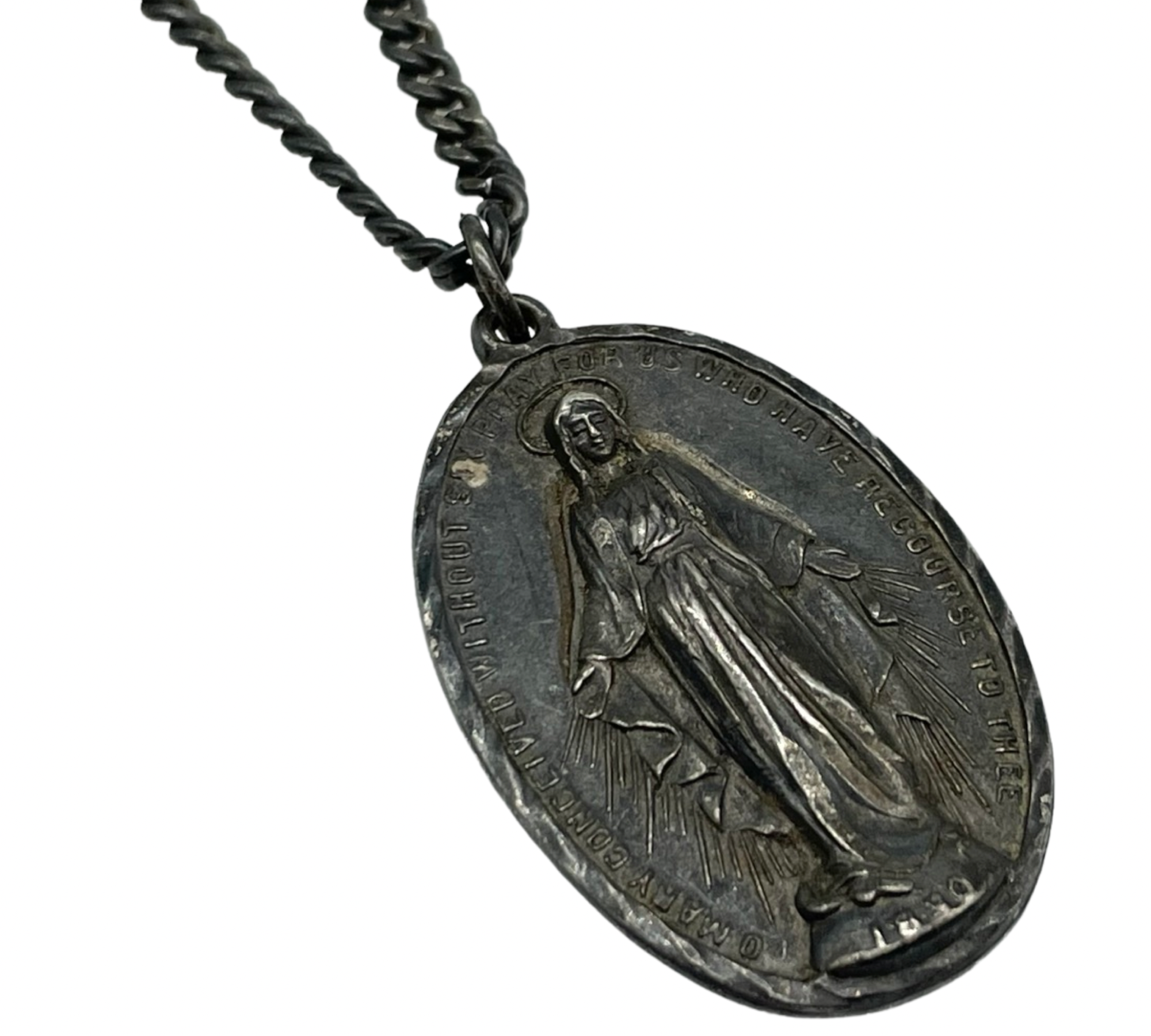 sterling silver dark patina religious Mary pendant necklace
