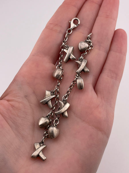 sterling silver X & hearts charm rolo chain link bracelet